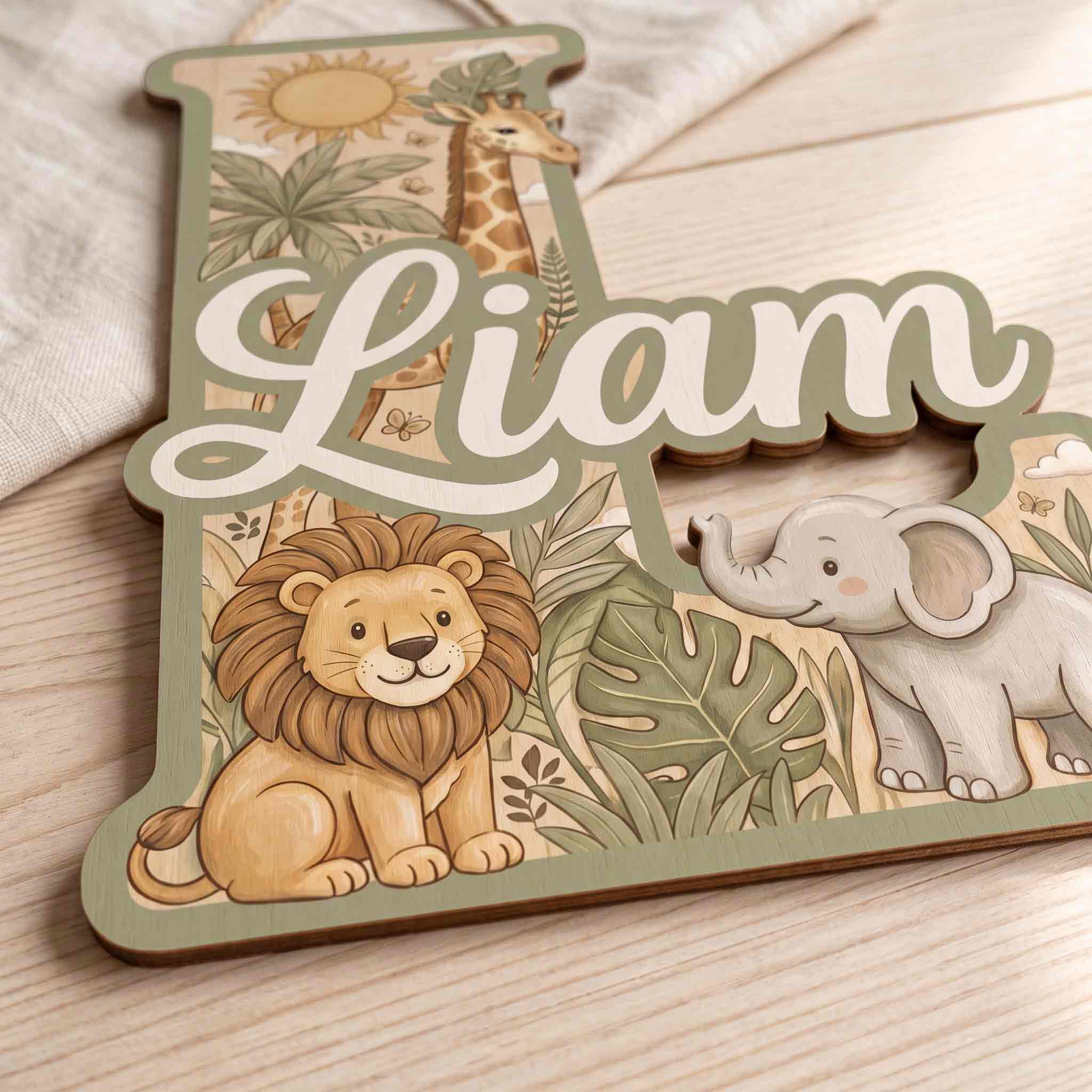 Personalized Safari Animals Nursery Name Sign Wooden Baby Room Decor