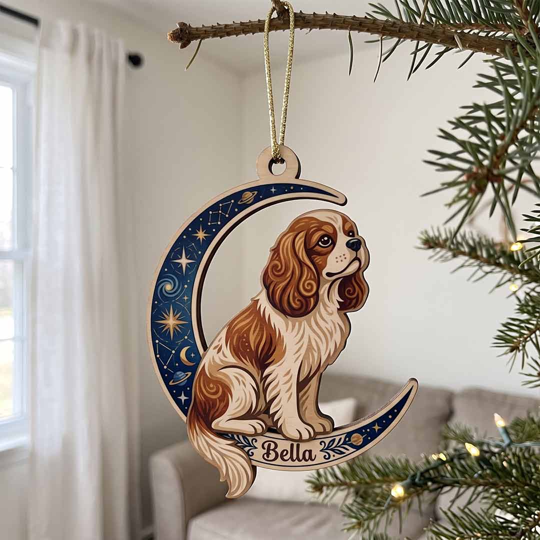 Personalized Loving Memorial Dog Cat Moon Custom Name Photo Wooden Ornament