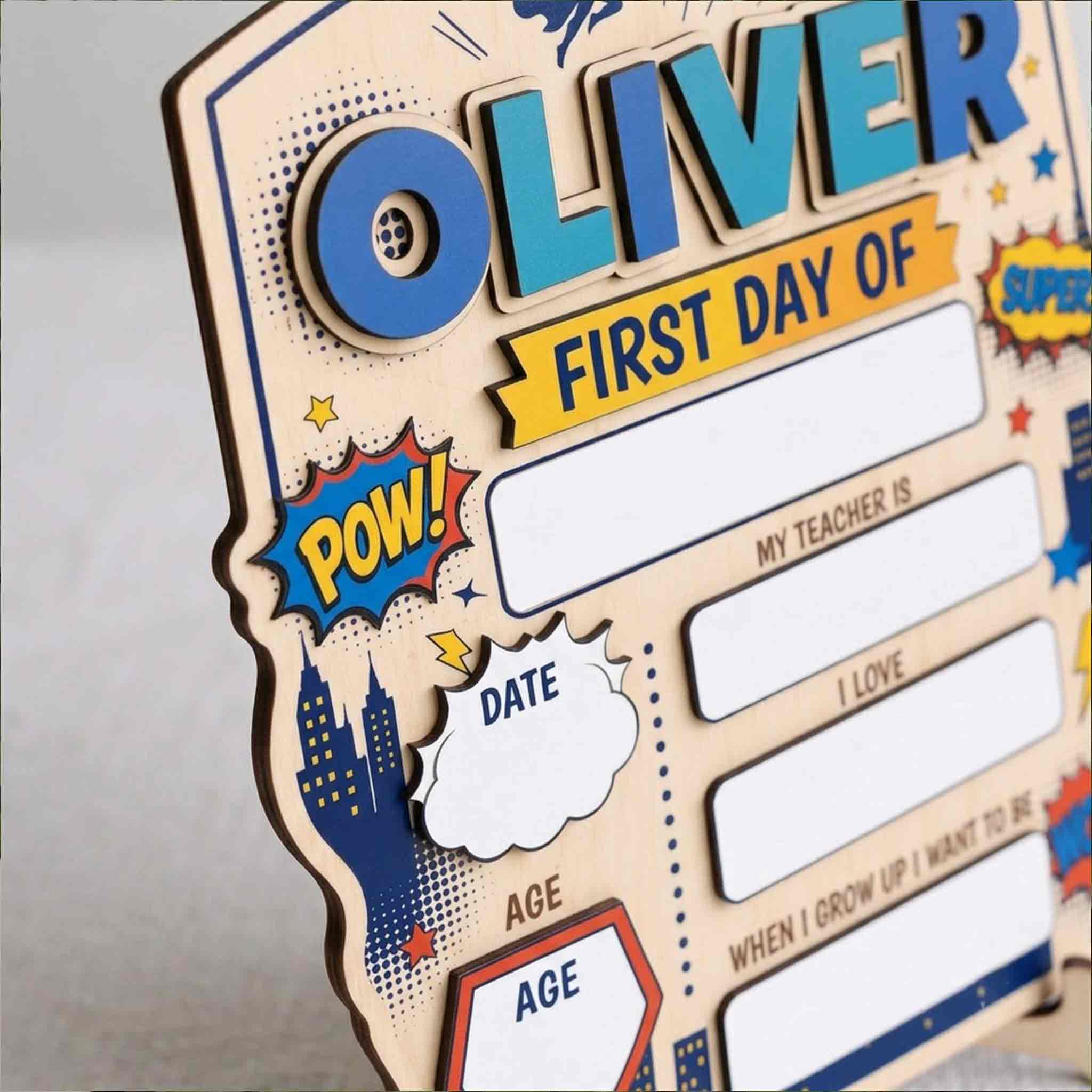 Personalized Superhero City Theme First & Last Day School Sign, Reusable Dry Erase Board, Back to School Sign