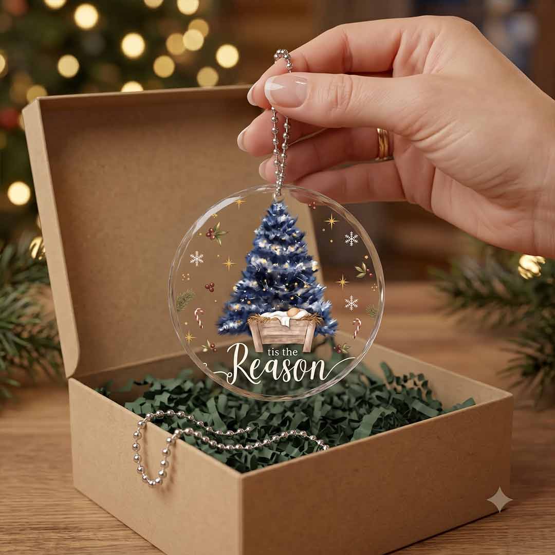 Tis The Reason Nativity Baby Manger Blue Christmas Tree Nativity Round Glass Christmas Ornament