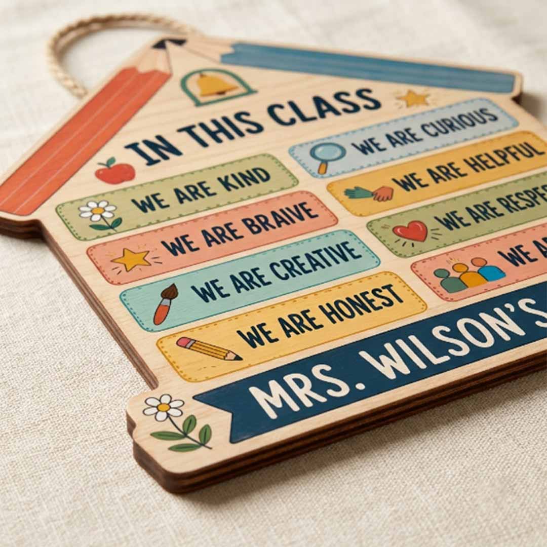 Personalized Teacher Name Wooden Sign Door Hanger Composition Book Classroom Rules Wooden Classroom Decor, Back to School Sign