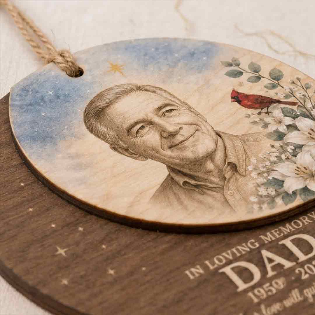 In Loving Memory Dad Beach Sunset Personalized Custom Name Date Memorial 2-Layer Wooden Christmas Ornament Memorial Keepsake for Loss of Dad