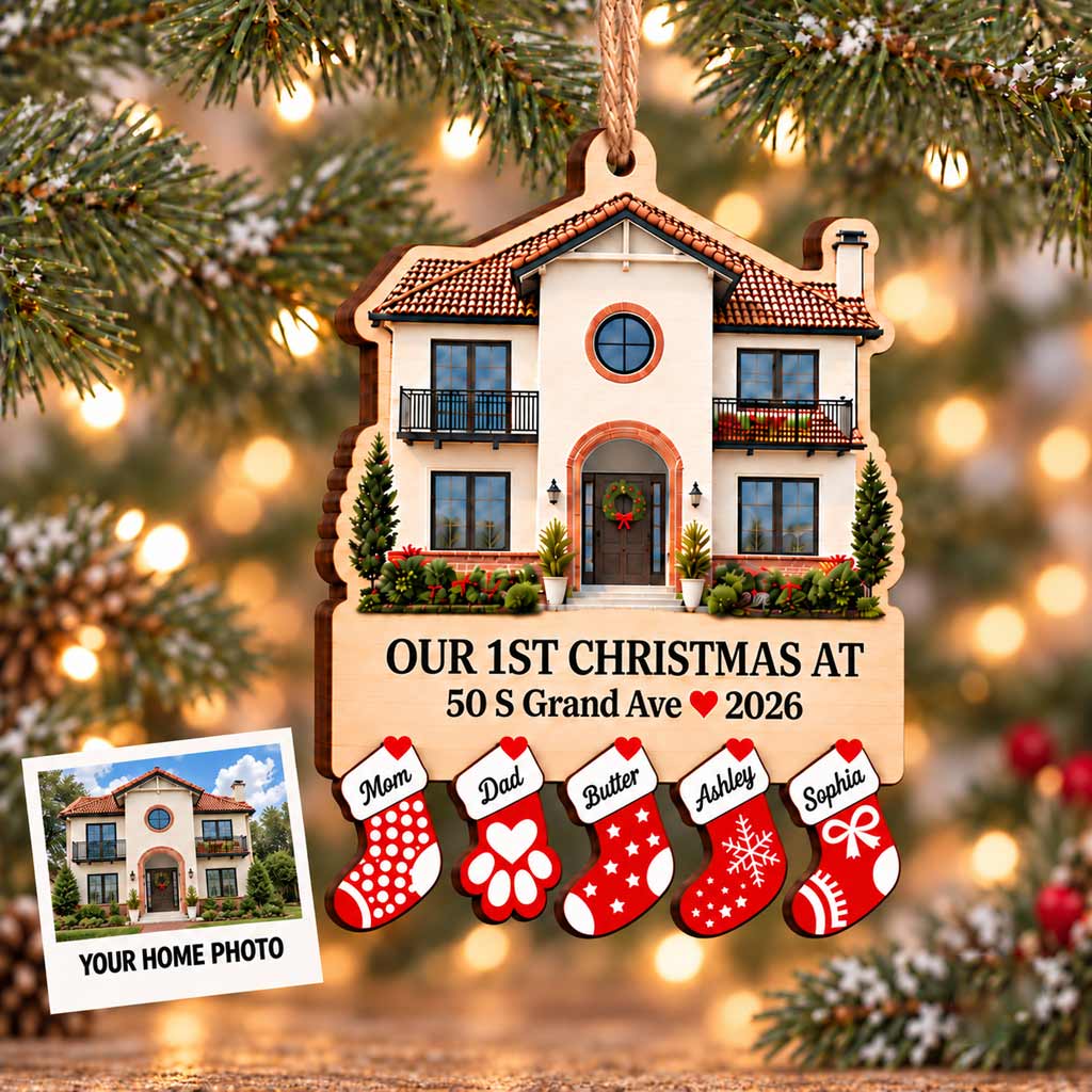 Our First Christmas at New Home Custom Home Photo Address Family Names 2-Layer Wooden Christmas Ornament