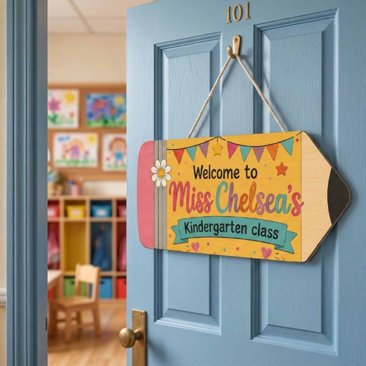 Personalized Teacher Name Wooden Sign Door Hanger Welcome To Kindergarten Class Wooden Classroom Decor