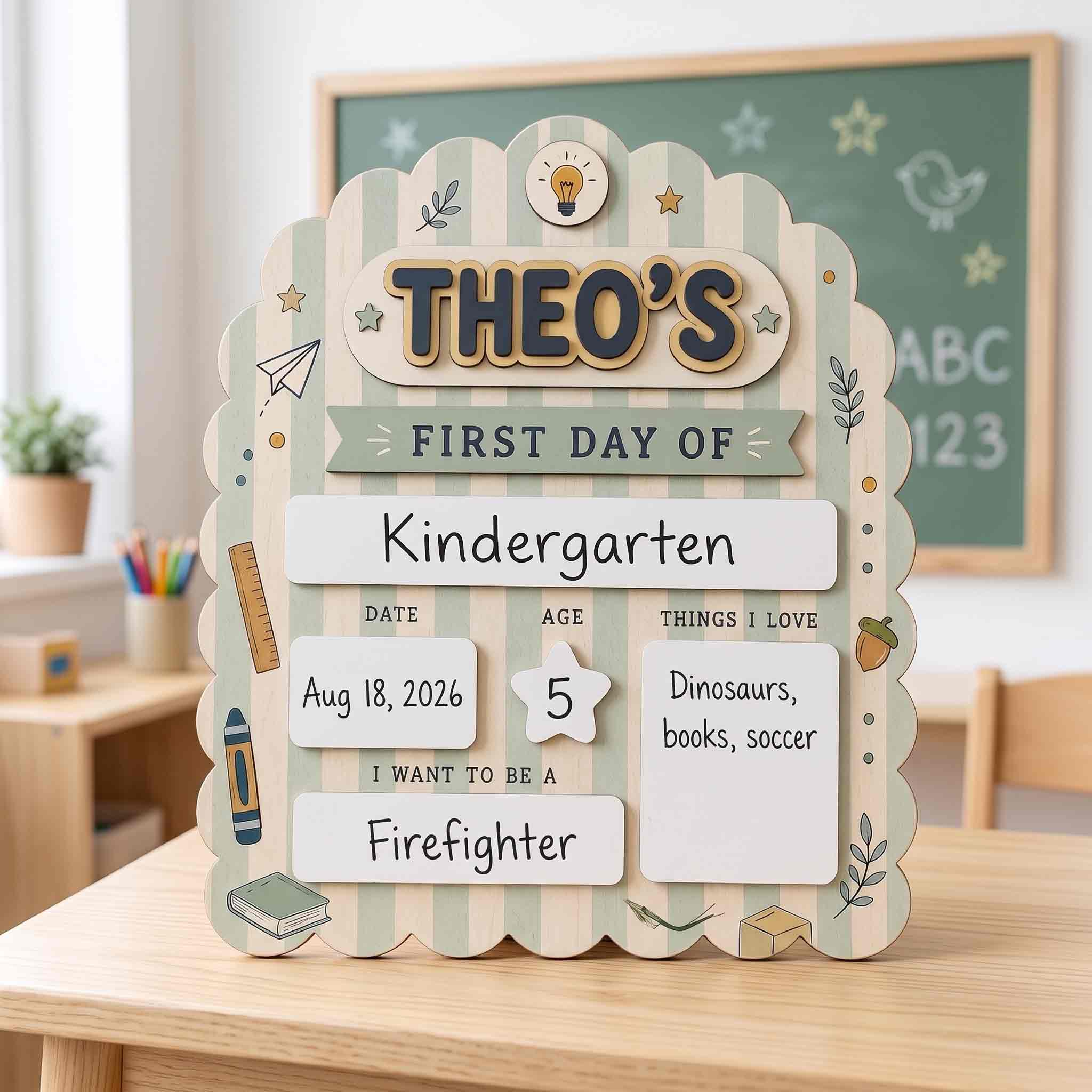 Personalized Sage Stripe First Day School Board, Reusable Dry Erase Board, Back to School Sign