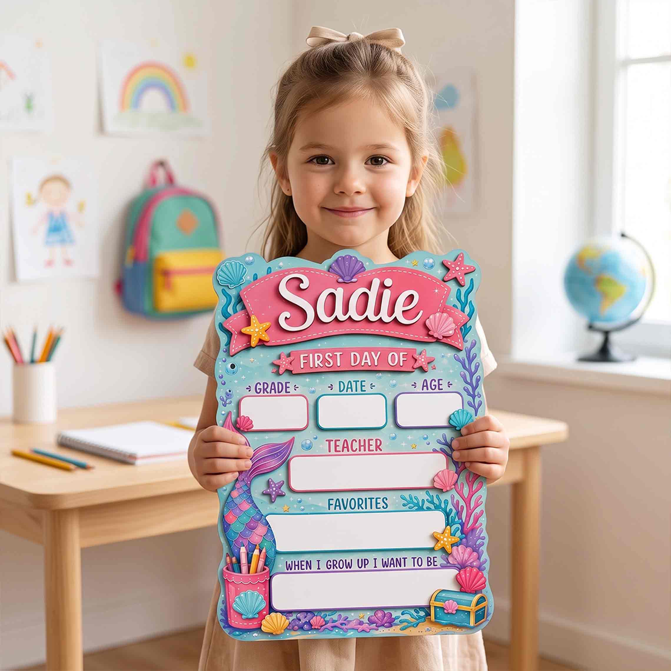 Personalized Mermaid Tail Theme First & Last Day School Sign, Reusable Dry Erase Board, Back to School Sign