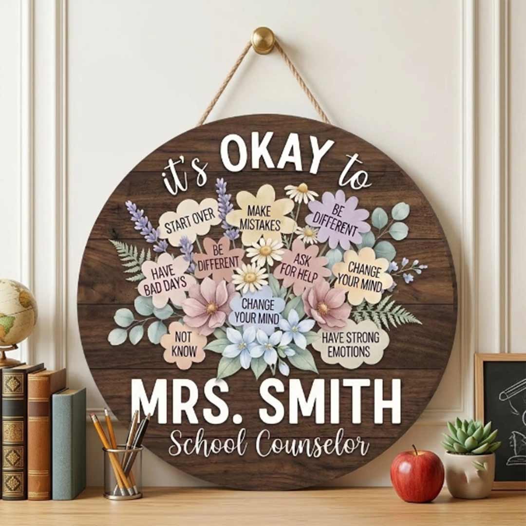 Personalized Teacher Name Wooden Sign Door Hanger Flowers School Counselor Sign Wooden Classroom Decor, Back to School Sign