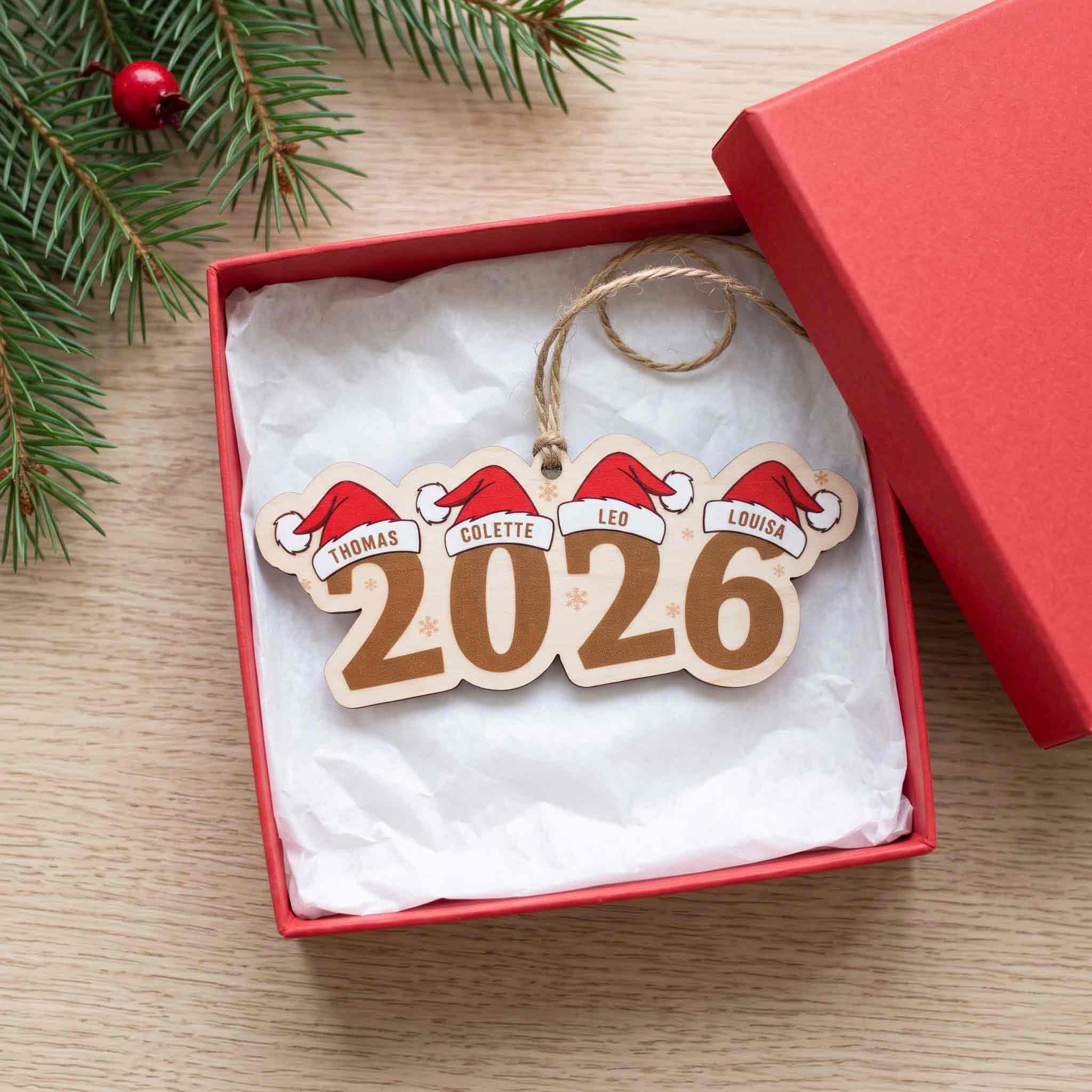 2026 Santa Hat Family Holiday Keepsake Personalized Custom Name Family 1-Layer Wooden Christmas Ornament for Family Members