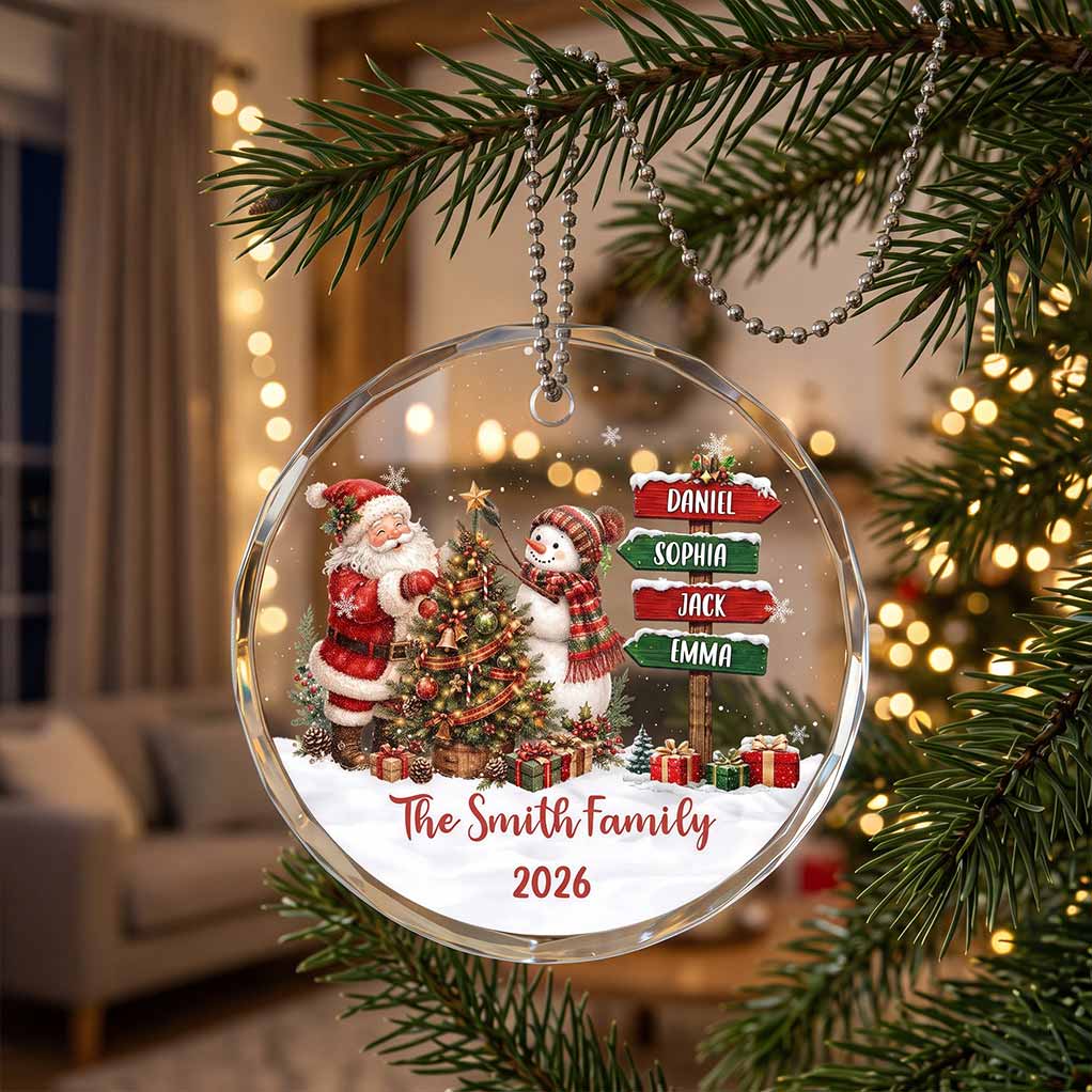Santa and Snowman Christmas 2026 Holiday Keepsake Personalized Custom Name Date Family Round Glass Christmas Ornament for Family Gift