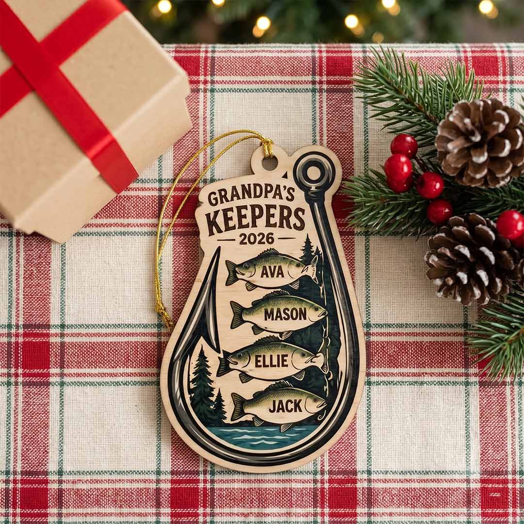 Grandpa's Keepers Fishing Fisherman Father Keepsake Personalized Custom Name Date Fishing 1-Layer Wooden Christmas Ornament for Dad Gift