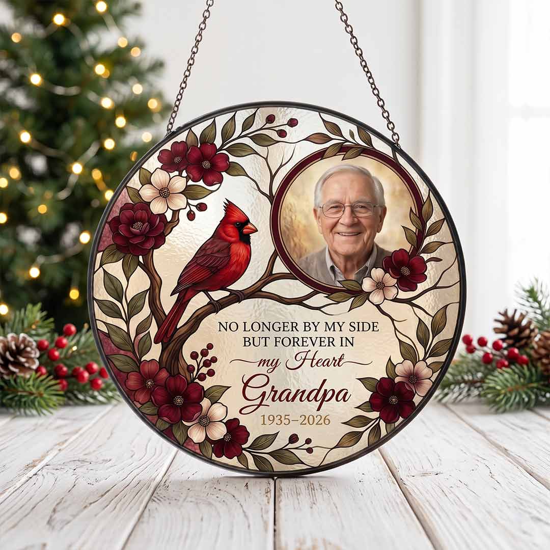 Grandpa Memorial Cardinal Personalized Custom Name Date Photo Loved One Memorial Keepsake Stained Glass Suncatcher Ornament for Loss of Grandpa
