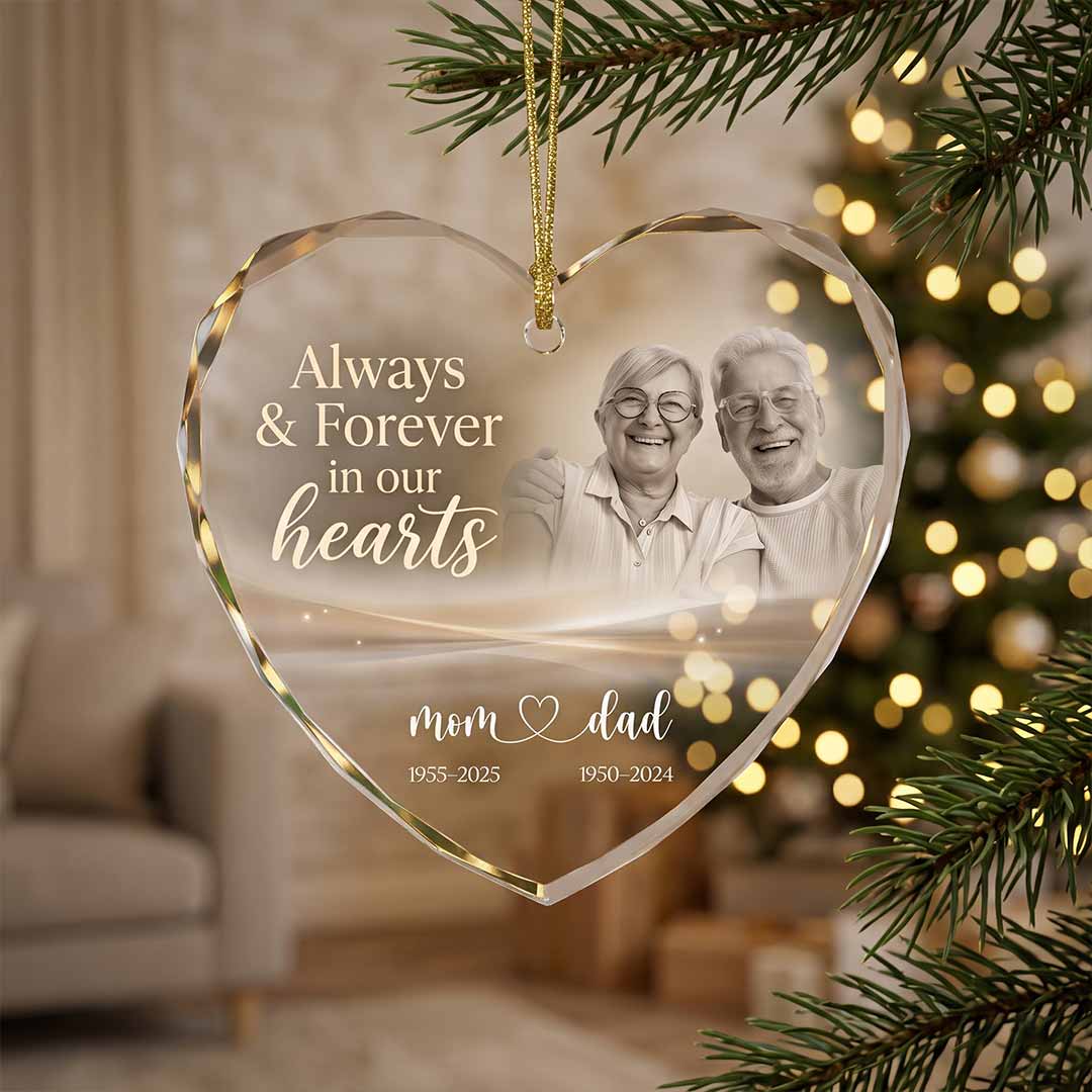 Always And Forever In Our Hearts Mom And Dad Personalized Memorial Custom Name Date Photo Parents Sympathy Gift Heart Glass Christmas Ornament