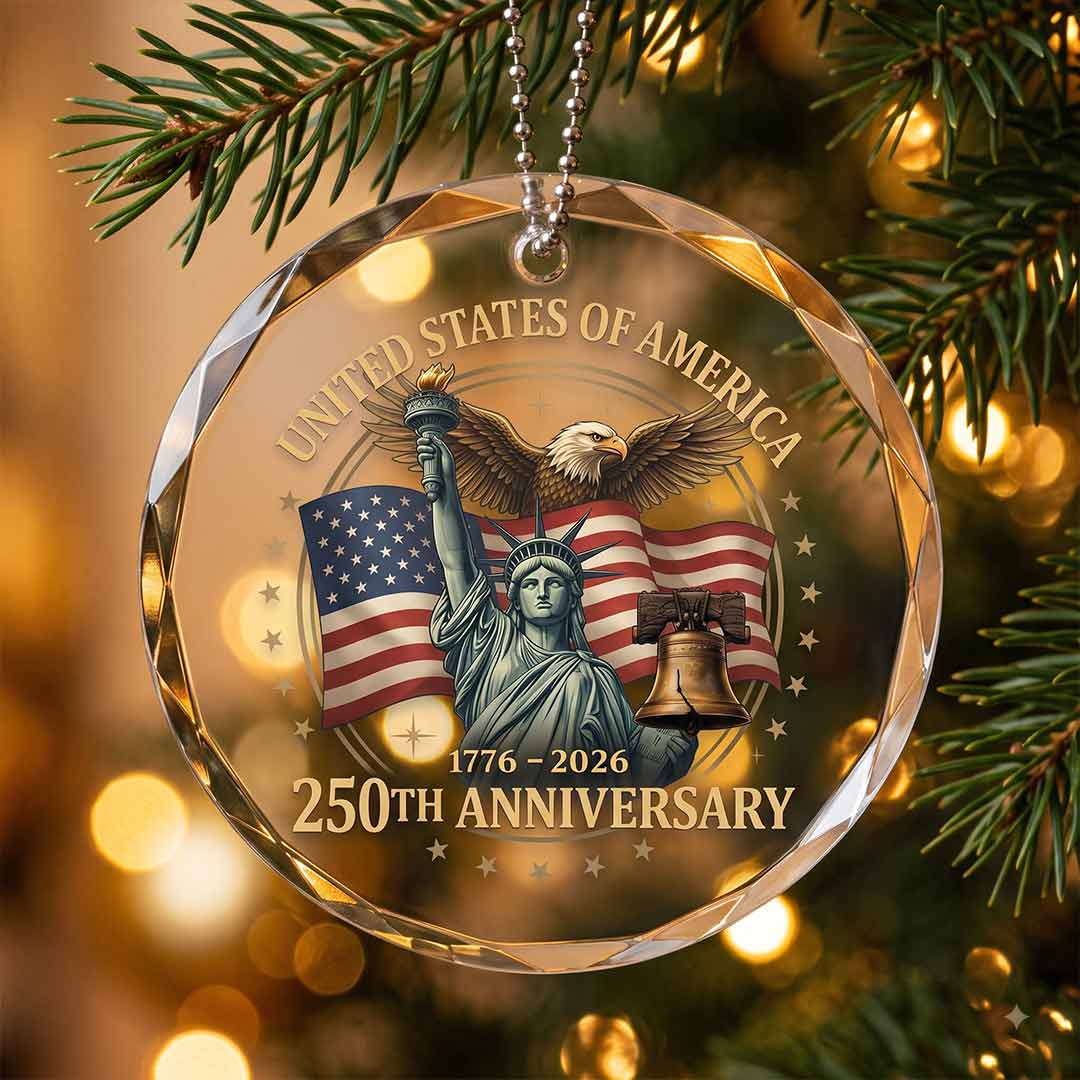 United States Freedom 250 Patriotic American Heritage Independence Round Glass Christmas Ornament