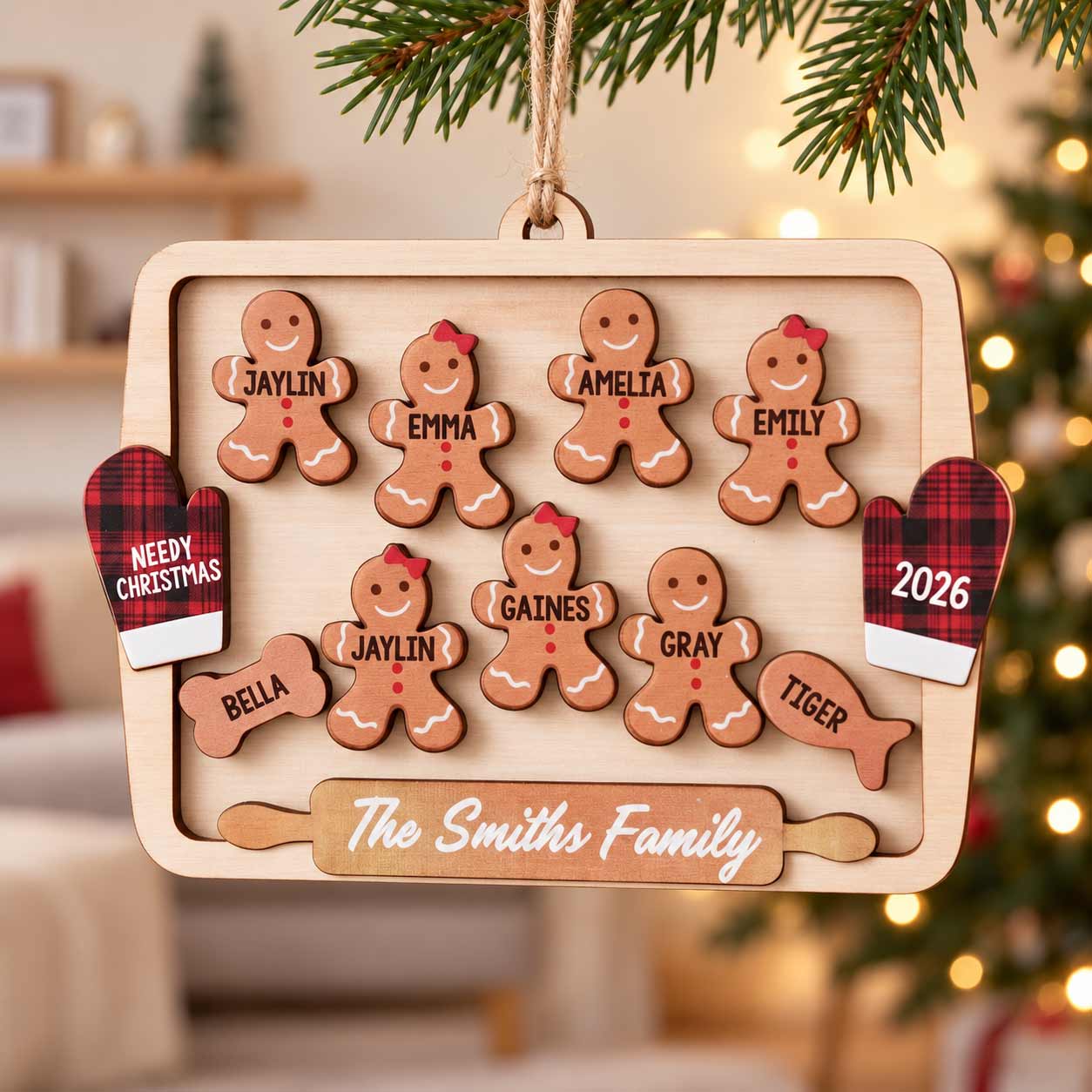 Gingerbread Cooking Family Christmas 2026 Custom Family Name Kids Names 2-Layer Wooden Christmas Ornament