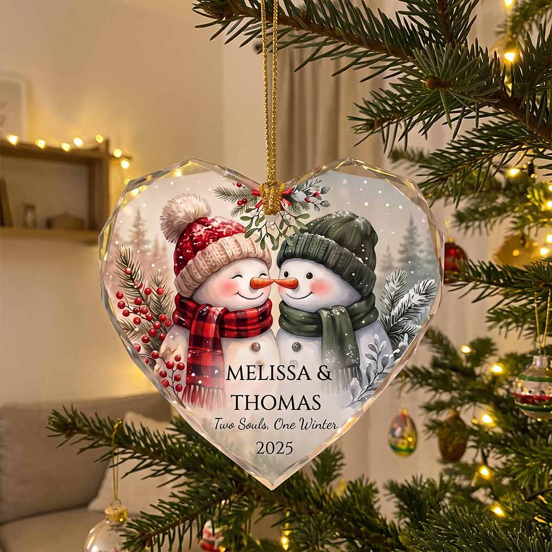 Two Souls One Winter Snowman Couple Personalized Couple Custom Name Date Christmas Gift Heart Glass Christmas Ornament