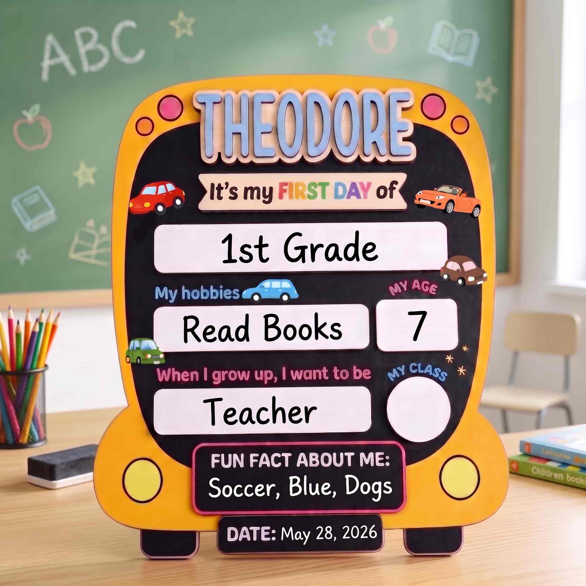 Personalized Car First Day School Board, Reusable Dry Erase Board, Back to School Sign