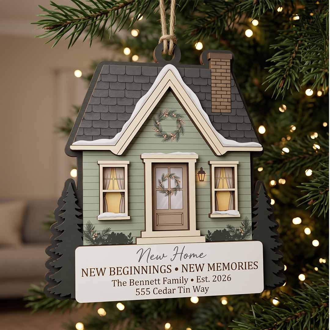 New Home New Beginnings New Memories Personalized Custom Name Date Address Wooden Ornament