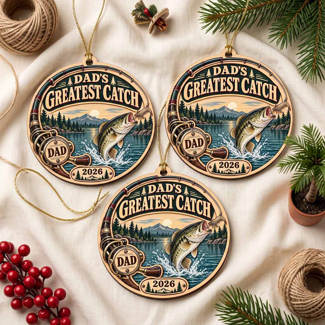 Fishing Dad Greatest Catch Father Fisherman Keepsake Fishing 1-Layer Wooden Christmas Ornament for Dad Gift