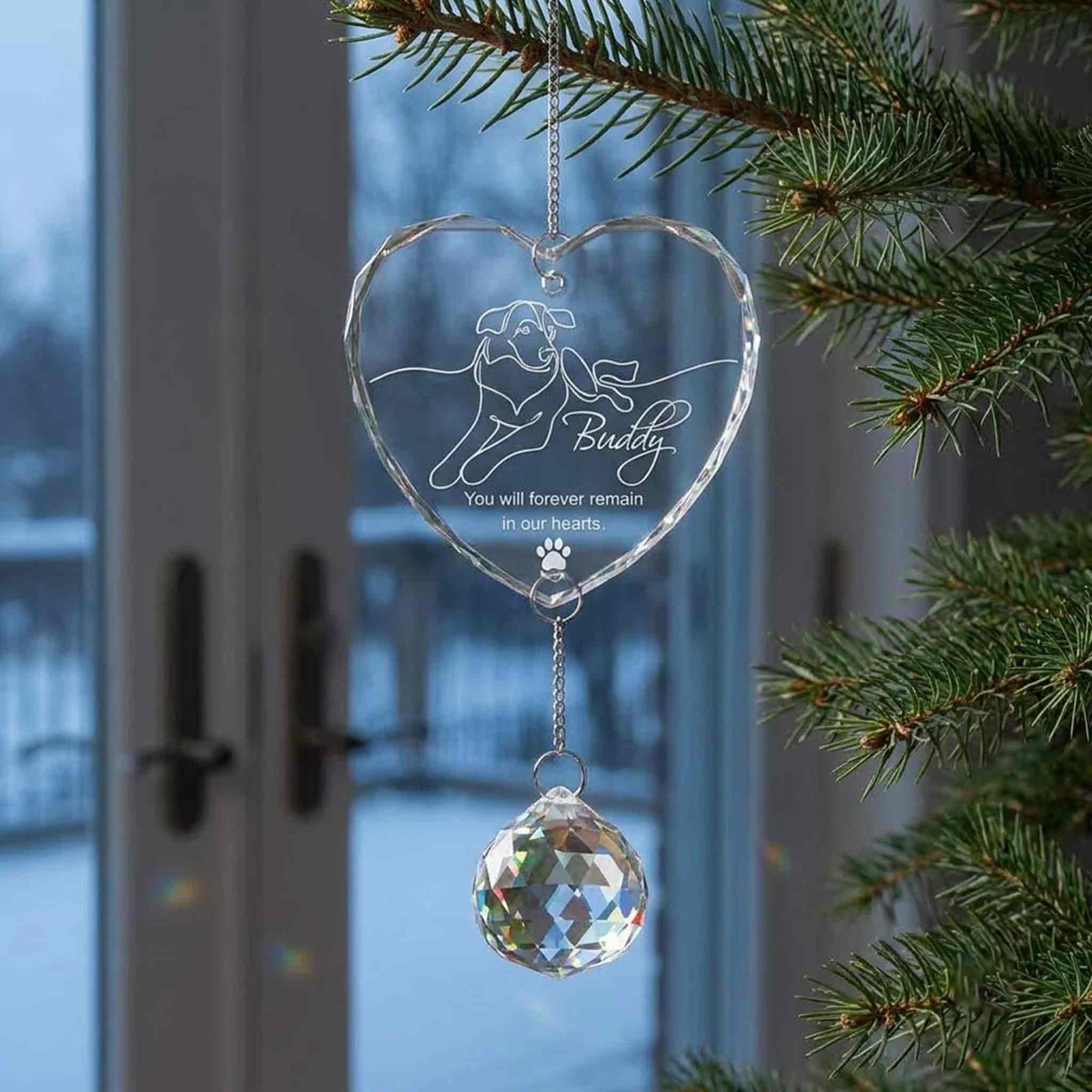 You Will Forever Remain In Our Hearts Dog Personalized Pet Custom Name Photo Memorial Keepsake Sympathy Gift Heart Pet  Glass Christmas Ornament With Crystal Charm
