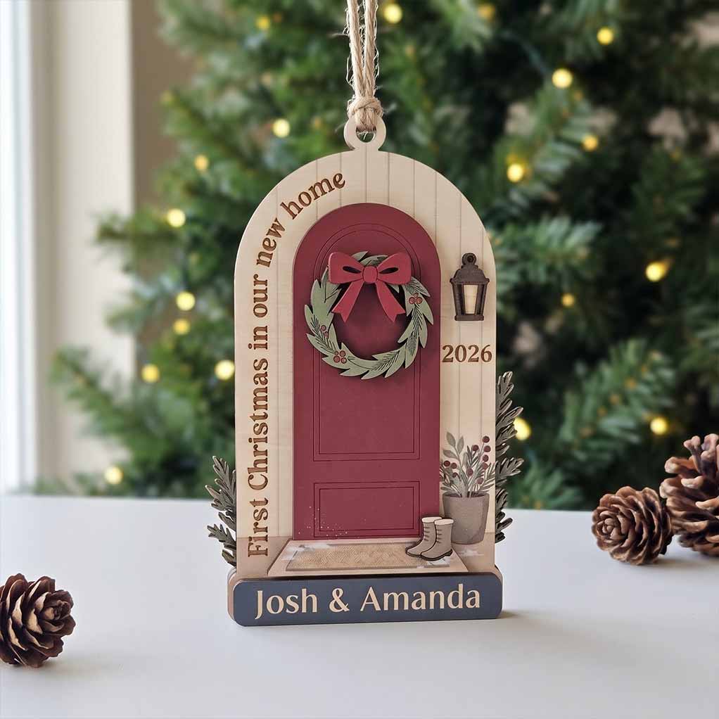 First Christmas New Home Red Door Wreath Personalized New Home Custom Name Date Couple Gift Wooden Christma