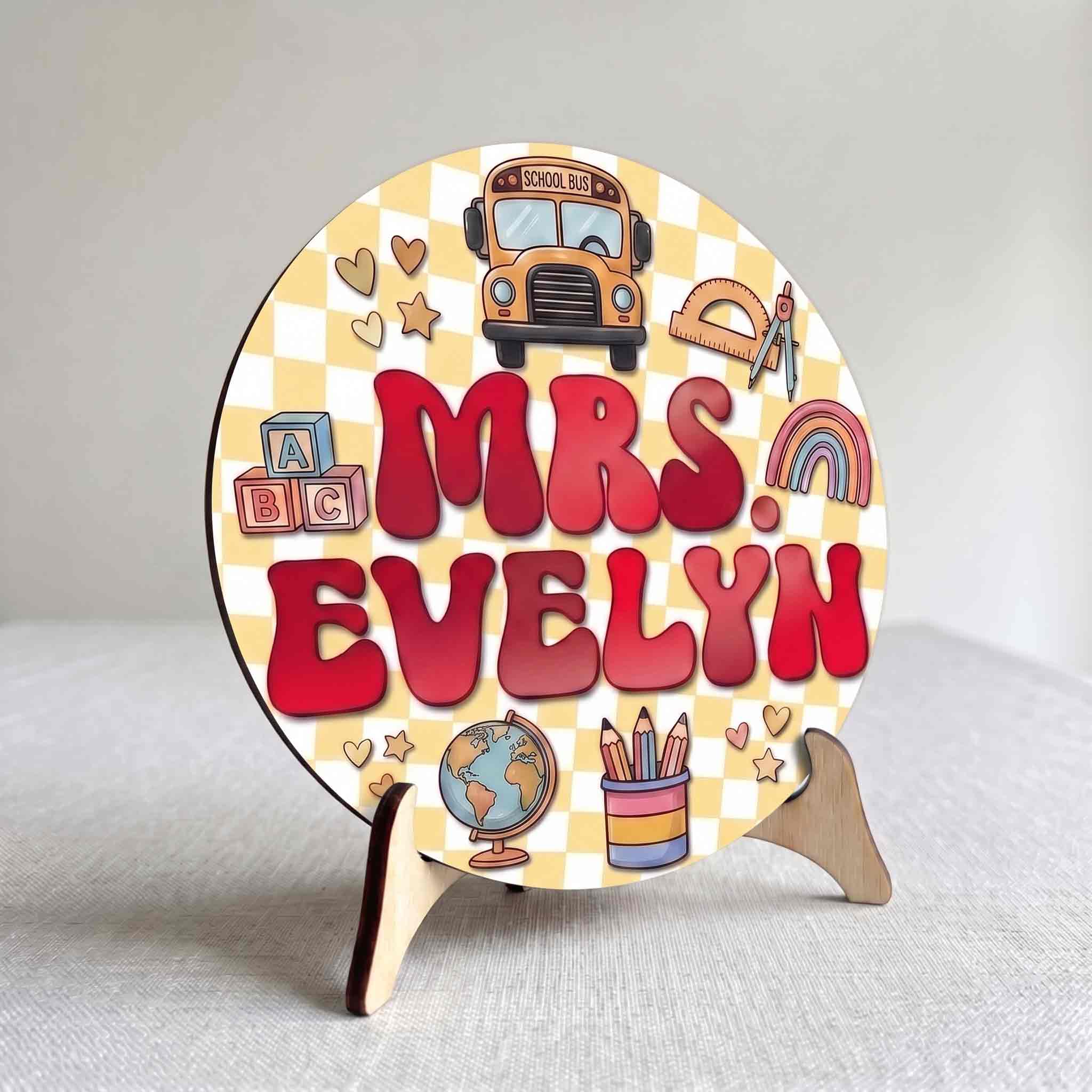 Custom Teacher Classroom Welcome Wooden Sign, Personalized School Bus Door Decor with Rainbow & School Supplies, Back to School Gift