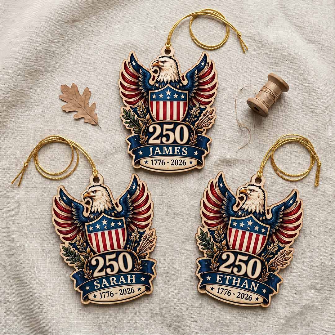 America's 250th Bald Eagle Shield American Pride Patriotic Keepsake Personalized Custom Name Patriotic 1-Layer Wooden Christmas Ornament for Patriots