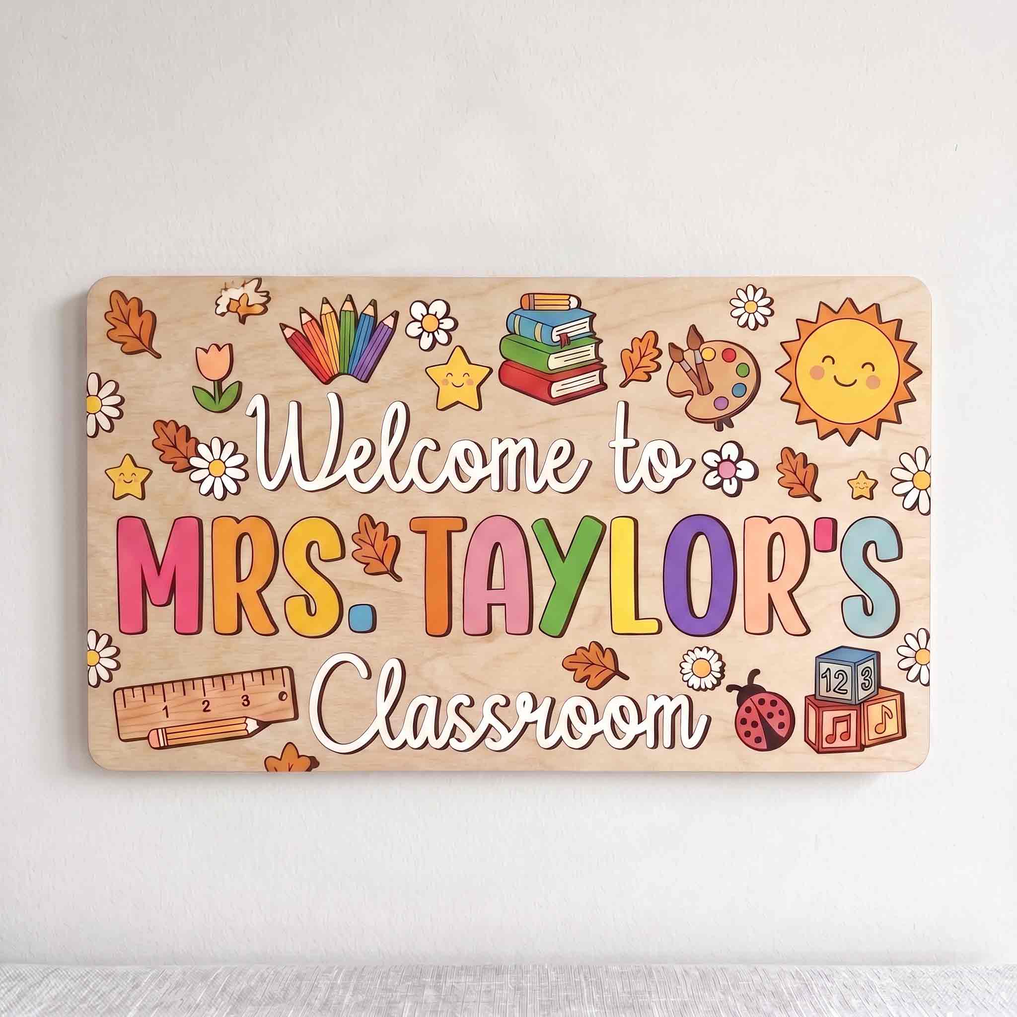 Personalized Welcome to Teacher Classroom Wooden Sign, Custom Fall Classroom Door Hanger with Autumn Leaves