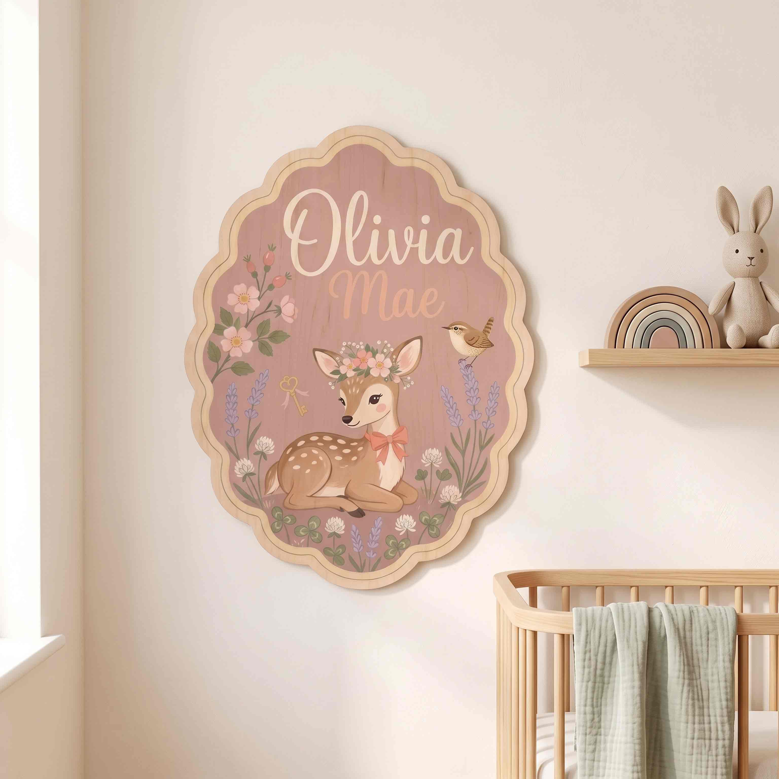 Personalized Cute Floral Deer Name Wooden Sign