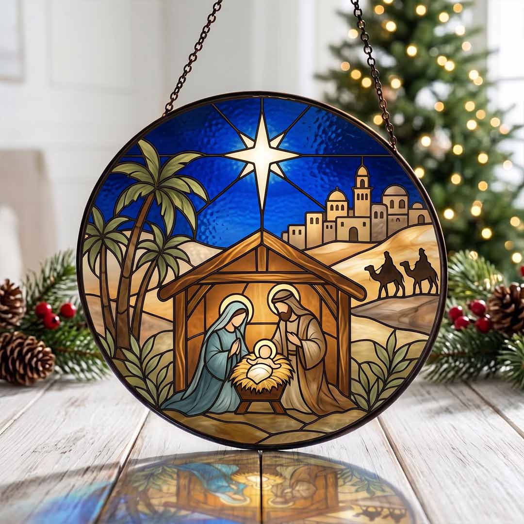 Holy Family Nativity Scene Bethlehem Star Nativity Stained Glass Suncatcher Christmas Ornament