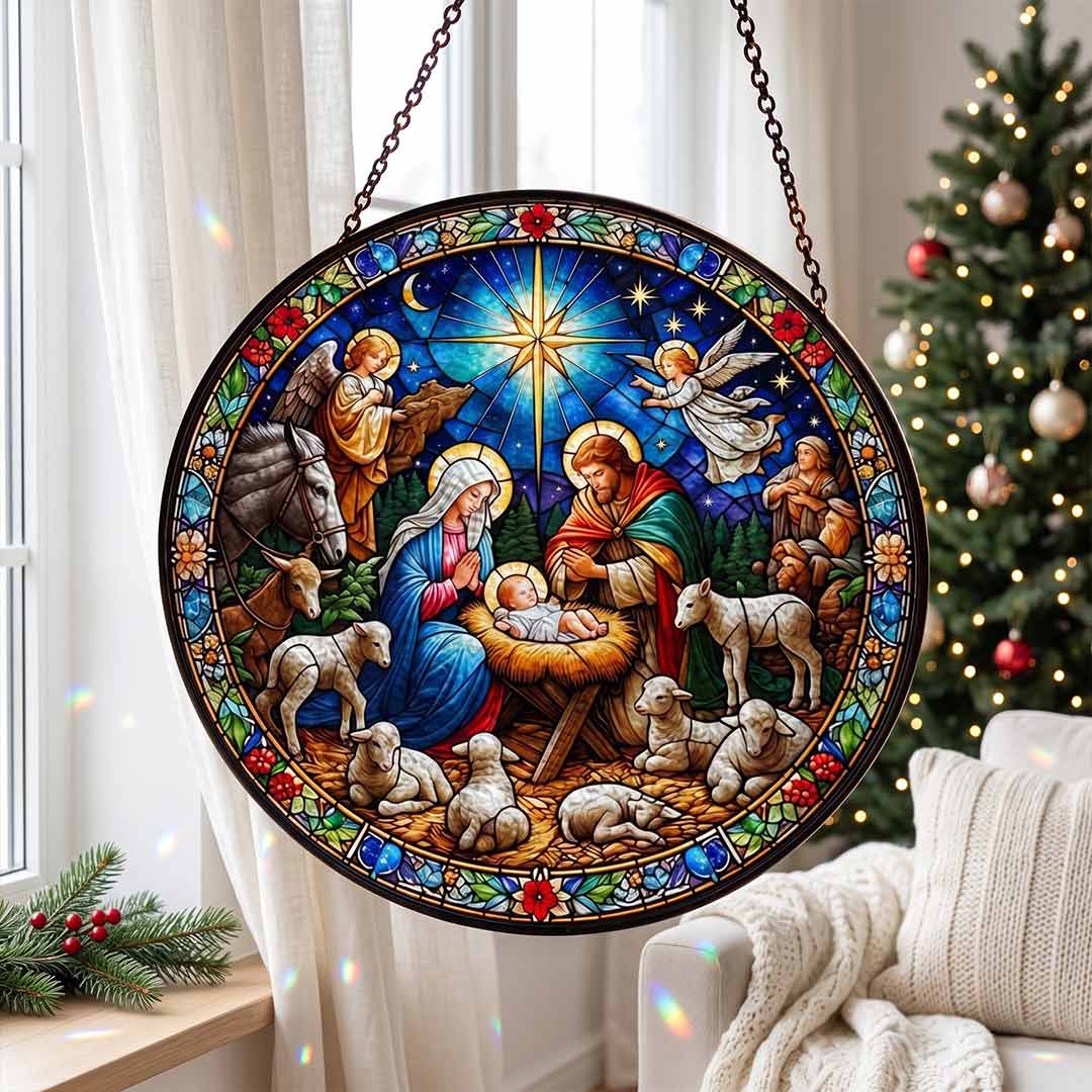 Nativity Scene Holy Family Birth of Jesus Nativity Stained Glass Suncatcher Christmas Ornament