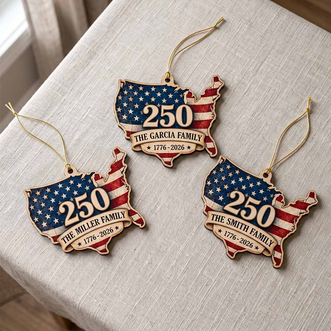 America's 250th USA Map Patriotic Keepsake Personalized Custom Name Patriotic 1-Layer Wooden Christmas Ornament for American Families