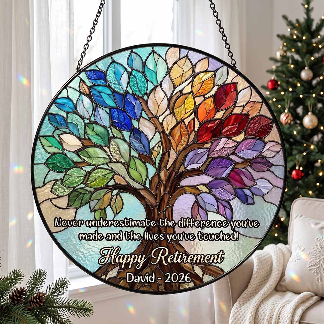 Retirement Tree of Life Personalized Custom Name Date Difference Maker Retirement Keepsake Stained Glass Suncatcher Ornament for Retirement Gift
