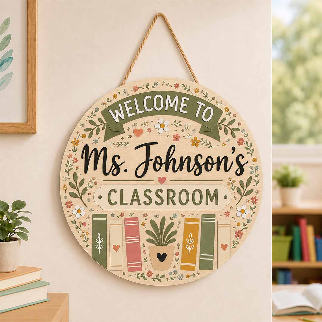 Personalized Teacher Name Wooden Sign Door Hanger Wildflower Classroom Wooden Classroom Decor, Back to School Sign