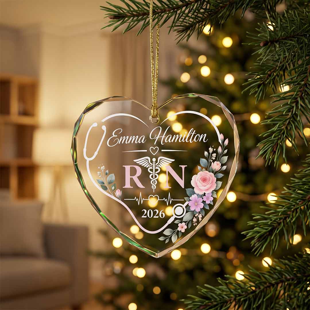 Floral RN Nurse Personalized Nurse Custom Name Date Nurse Appreciation Gift Heart Glass Christmas Ornament