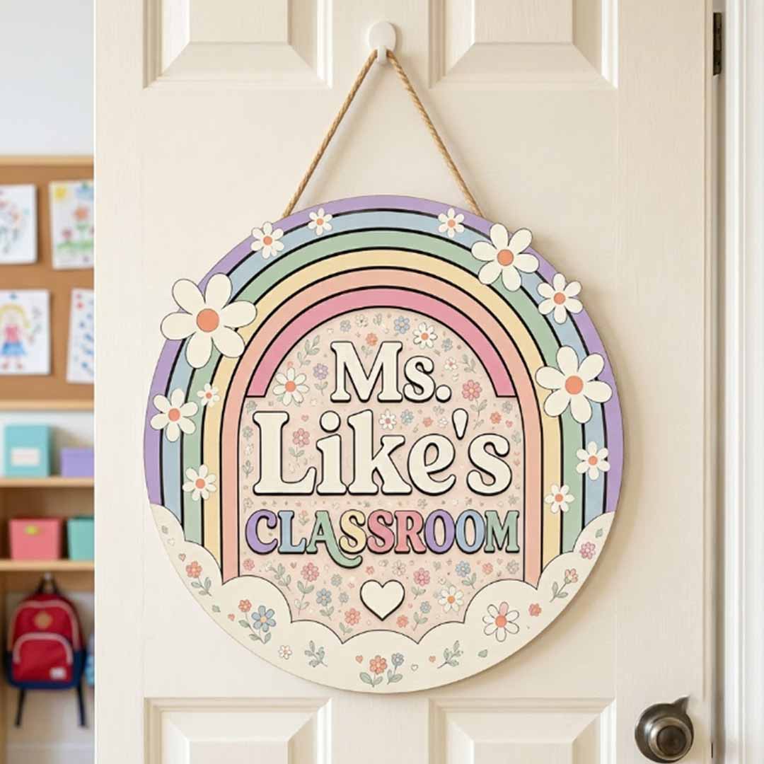 Personalized Teacher Name Wooden Sign Door Hanger Pastel Rainbow Classroom Sign  Wooden Classroom Decor, Back to School Sign
