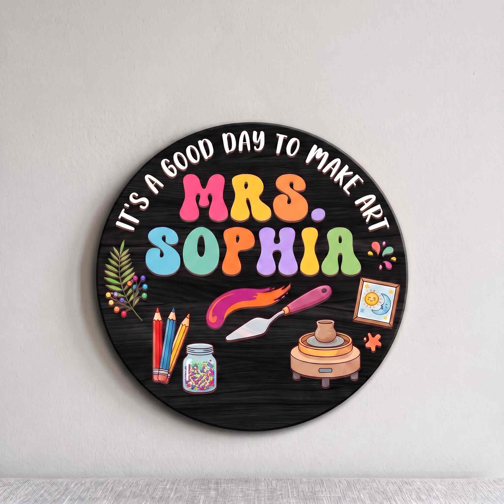 Personalized Art Teacher Classroom Door Hanger Wooden Sign, Custom Art Room Welcome Sign
