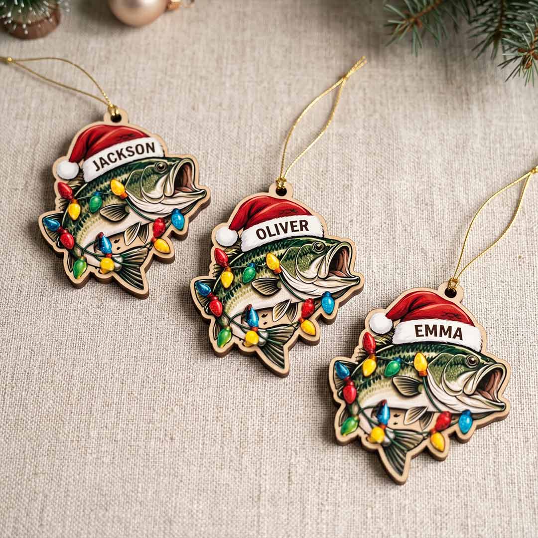 Christmas Fish Santa Hat Fisherman Holiday Keepsake Personalized Custom Name Fishing 1-Layer Wooden Christmas Ornament for Anglers Gift