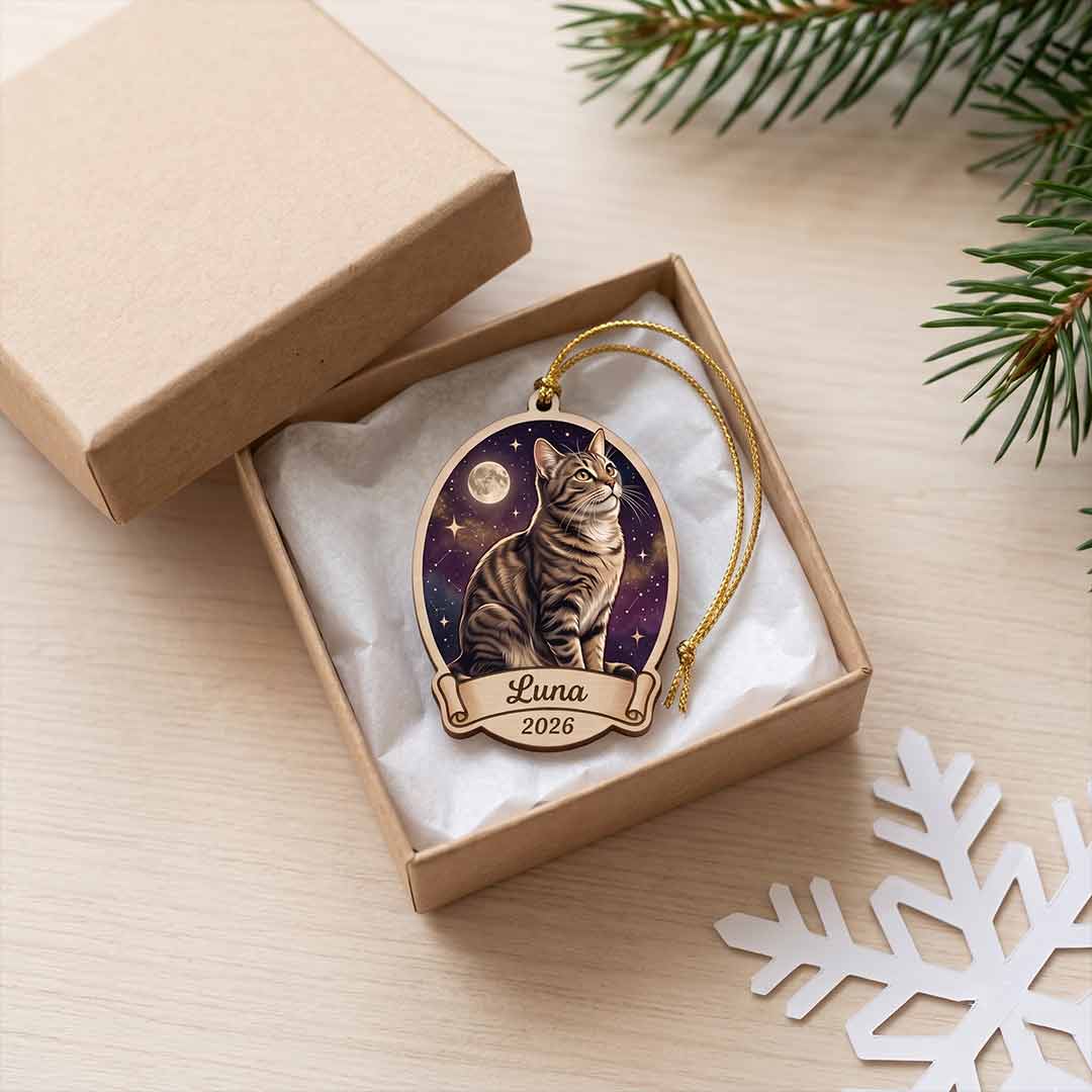 Personalized Cat Night Sky Custom Name Date Photo Cat Lover Gift Wooden Christmas Ornament