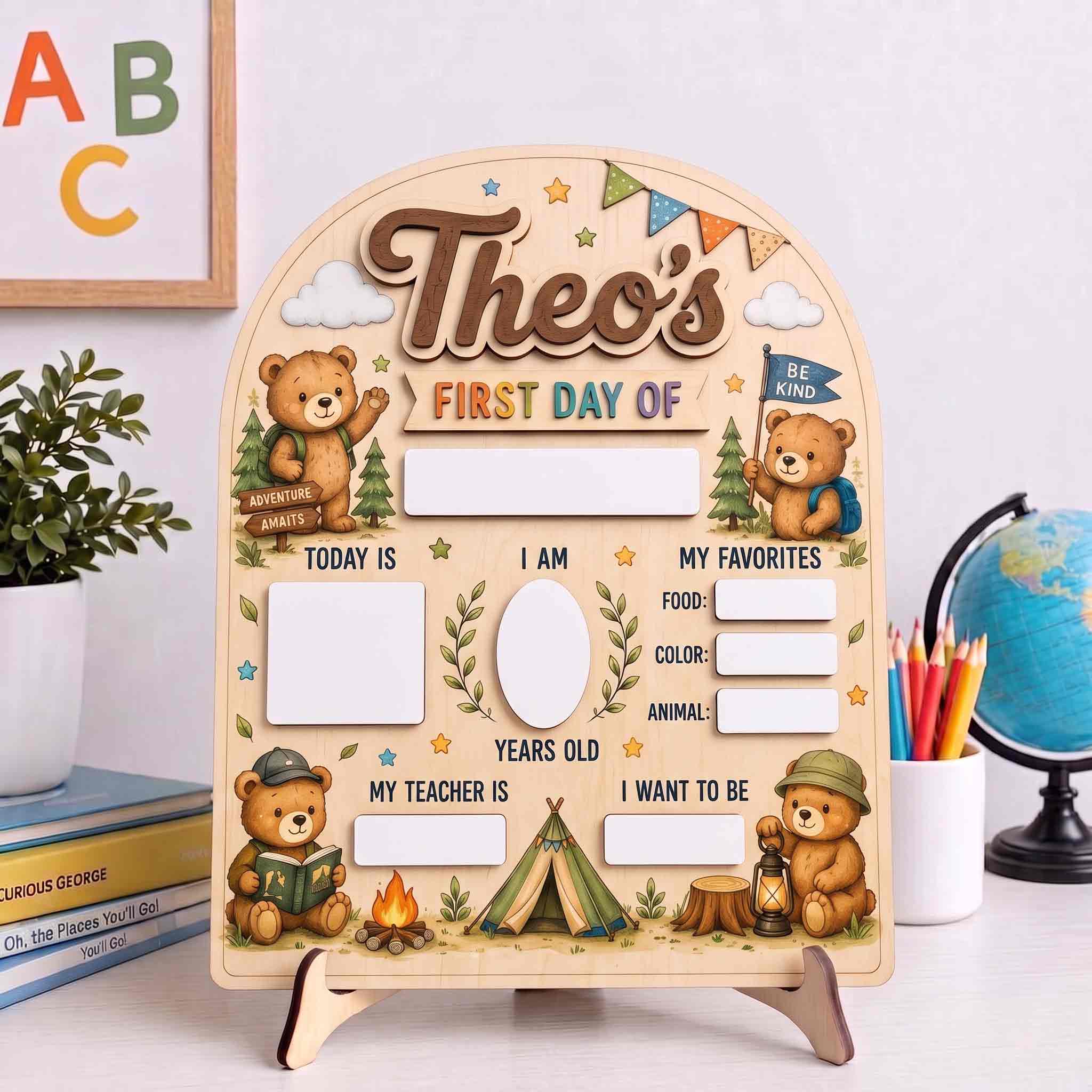 Personalized Camping Bears First & Last Day School Sign, Reusable Dry Erase Board, Back to School Sign
