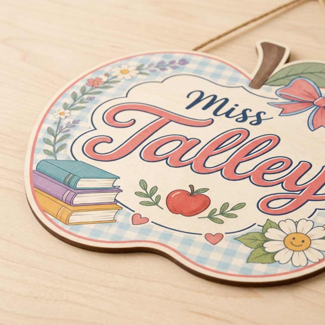 Personalized Teacher Name Wooden Sign Door Hanger Apple Style Classroom Sign Wooden Classroom Decor, Back to School Sign