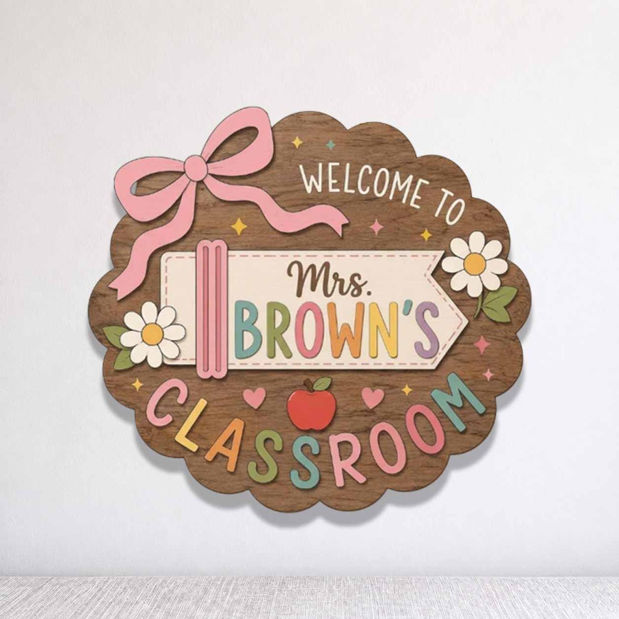 Personalized Teacher Name Wooden Sign Door Hanger Adorable Welcome Classroom Wooden Classroom Decor, Back to School Sign
