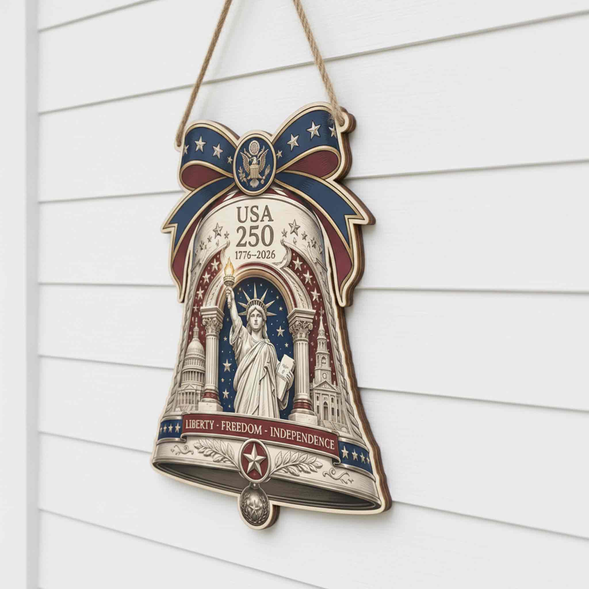 America 250th Anniversary Wooden Sign With Liberty Bell and Statue of Liberty
