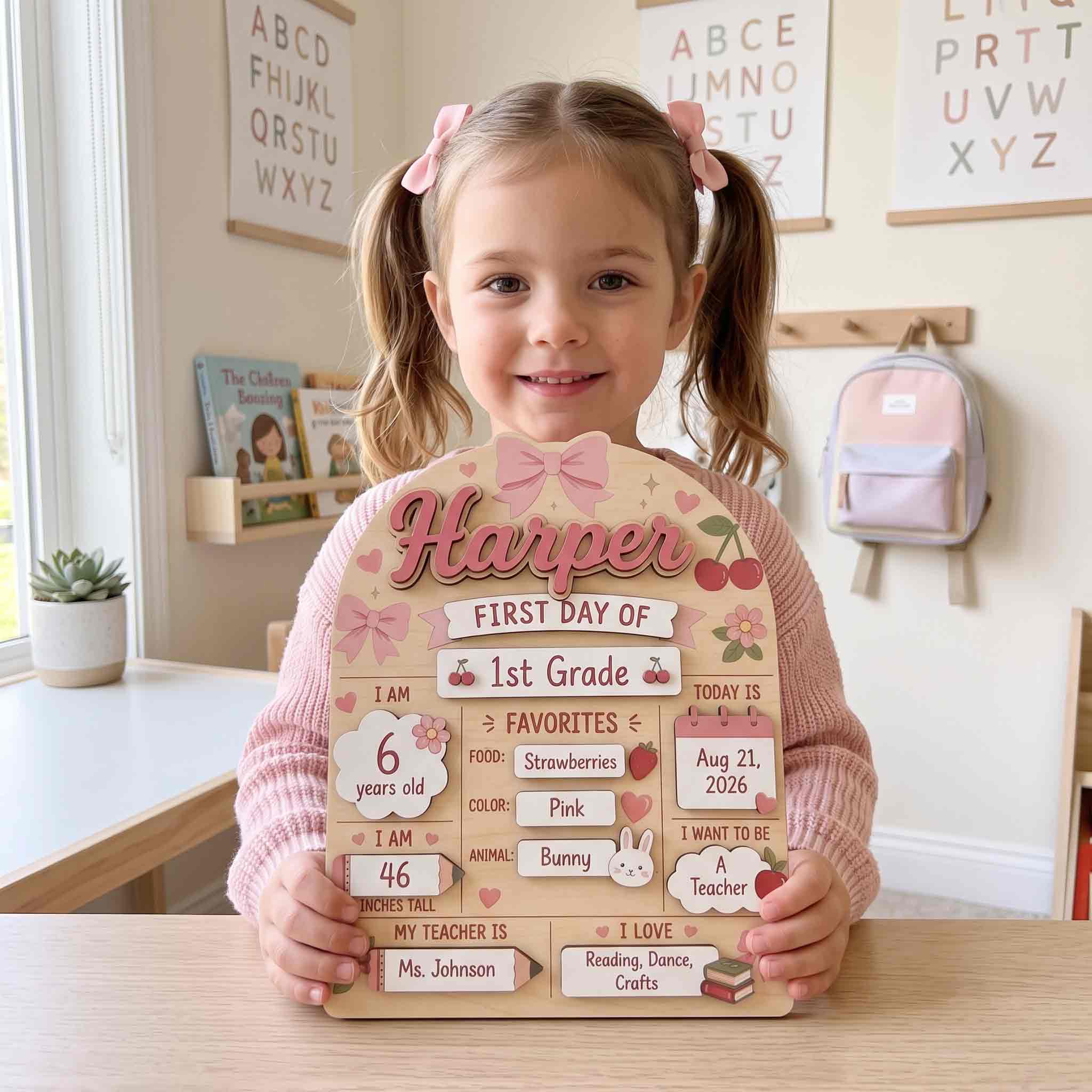 Personalized Pink Bow First Day School Board, Reusable Dry Erase Board, Back to School Sign