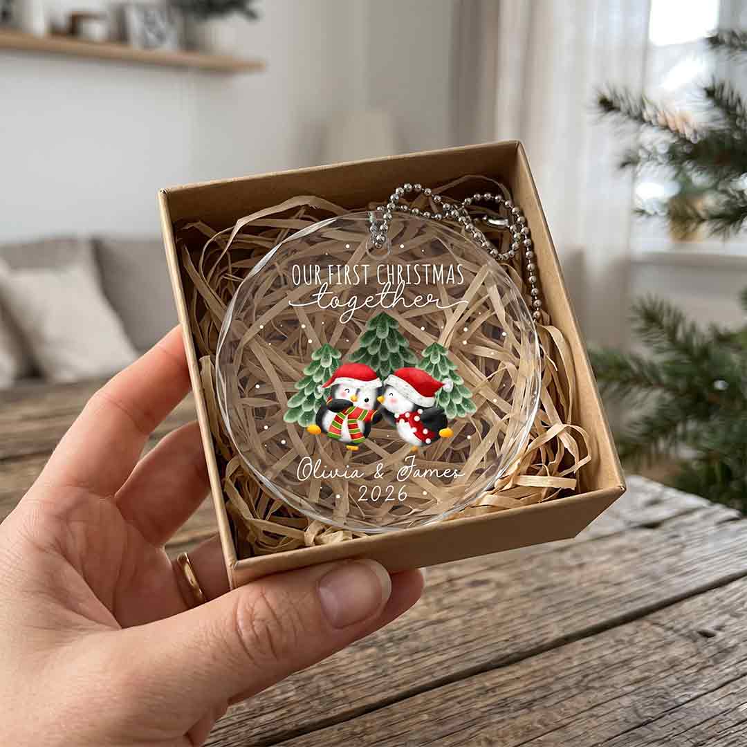 Our First Christmas Cute Penguin Couple Personalized Custom Name Date Couple Round Glass Christmas Ornament for Couples Gift