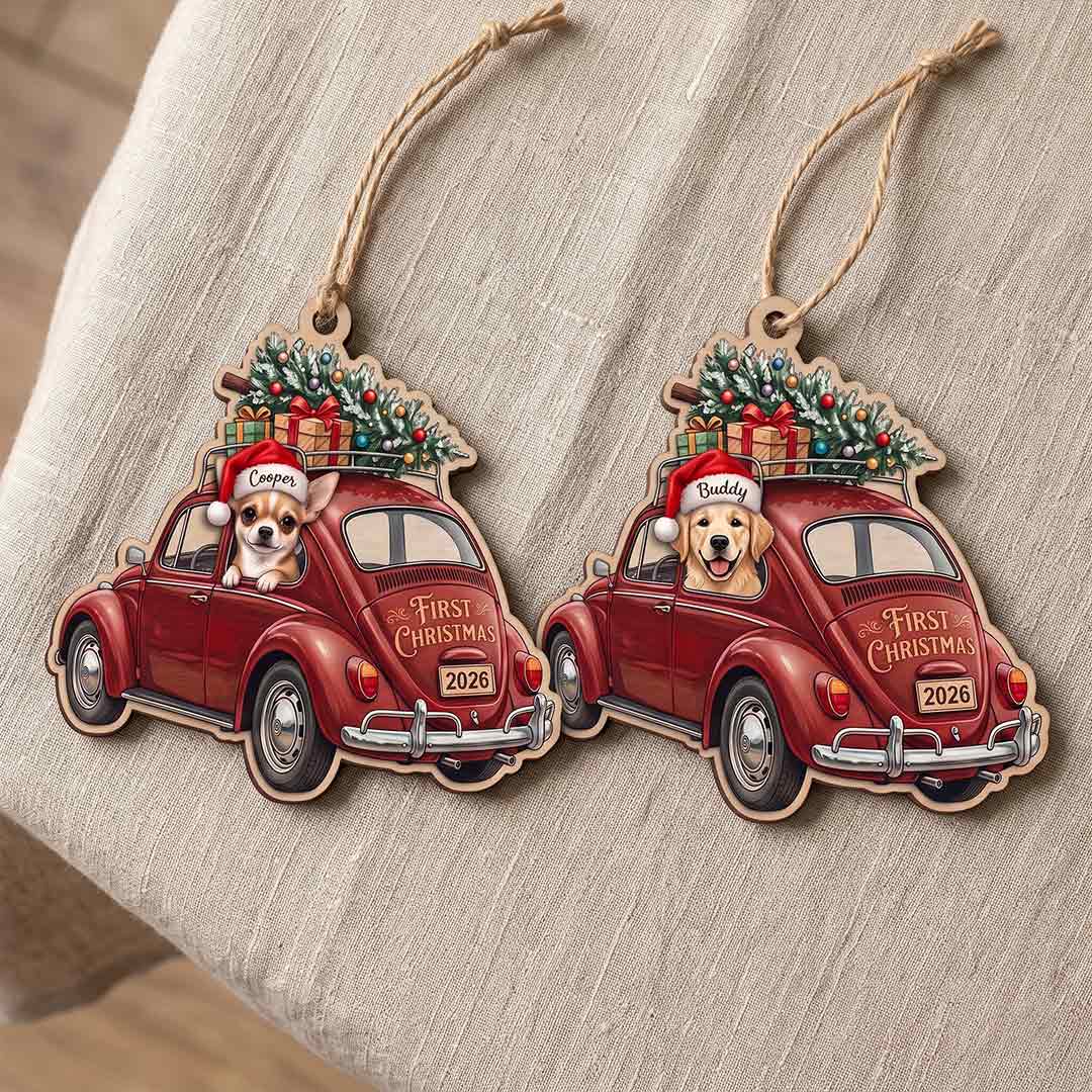 Personalized Pet First Christmas Vintage Car Custom Name Date Dog Photo Dog Lover Gift Wooden Christmas Ornament