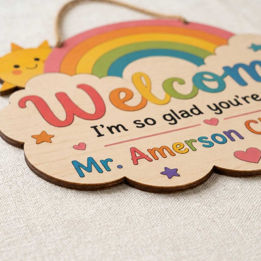 Personalized Teacher Name Wooden Sign Door Hanger I'm So Glad You're Here Wooden Classroom Decor, Back to School Sign