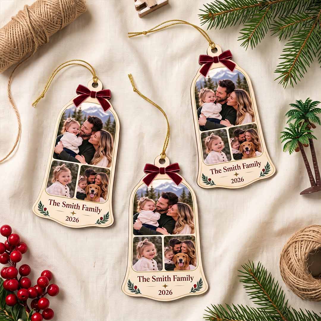 Family Christmas Photo Collage Holiday Keepsake Personalized Custom Name Date Photo Family 1-Layer Wooden Christmas Ornament for Family Members Gift