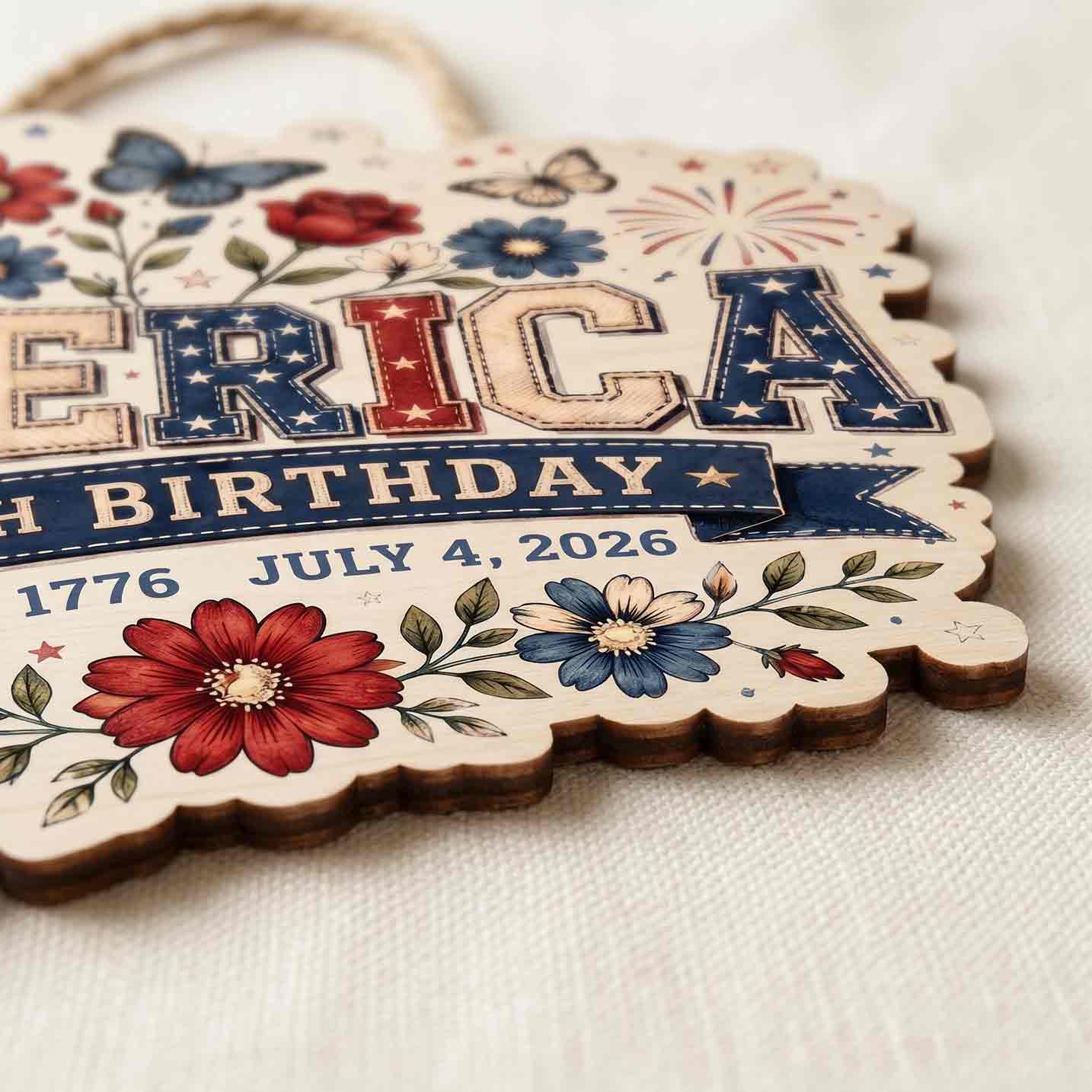 Patriotic Floral America 250th Birthday July 4 1776-2026 Wooden Sign