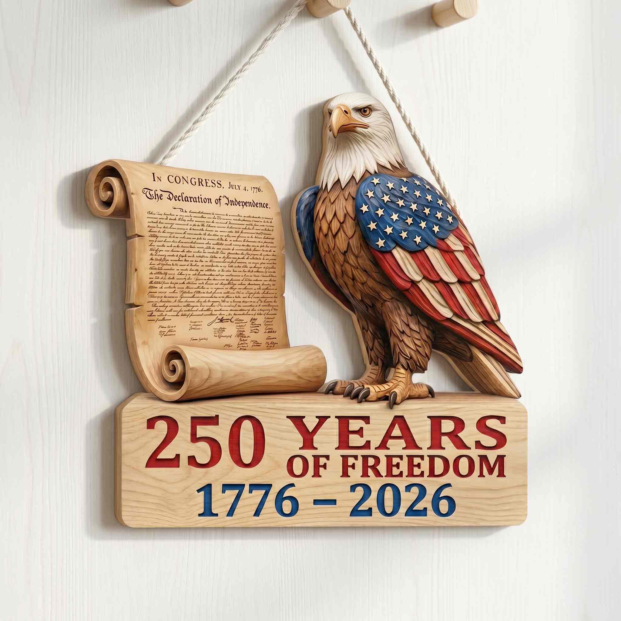 America 250 Wooden Sign Featuring the Declaration of Independence and Bald Eagle