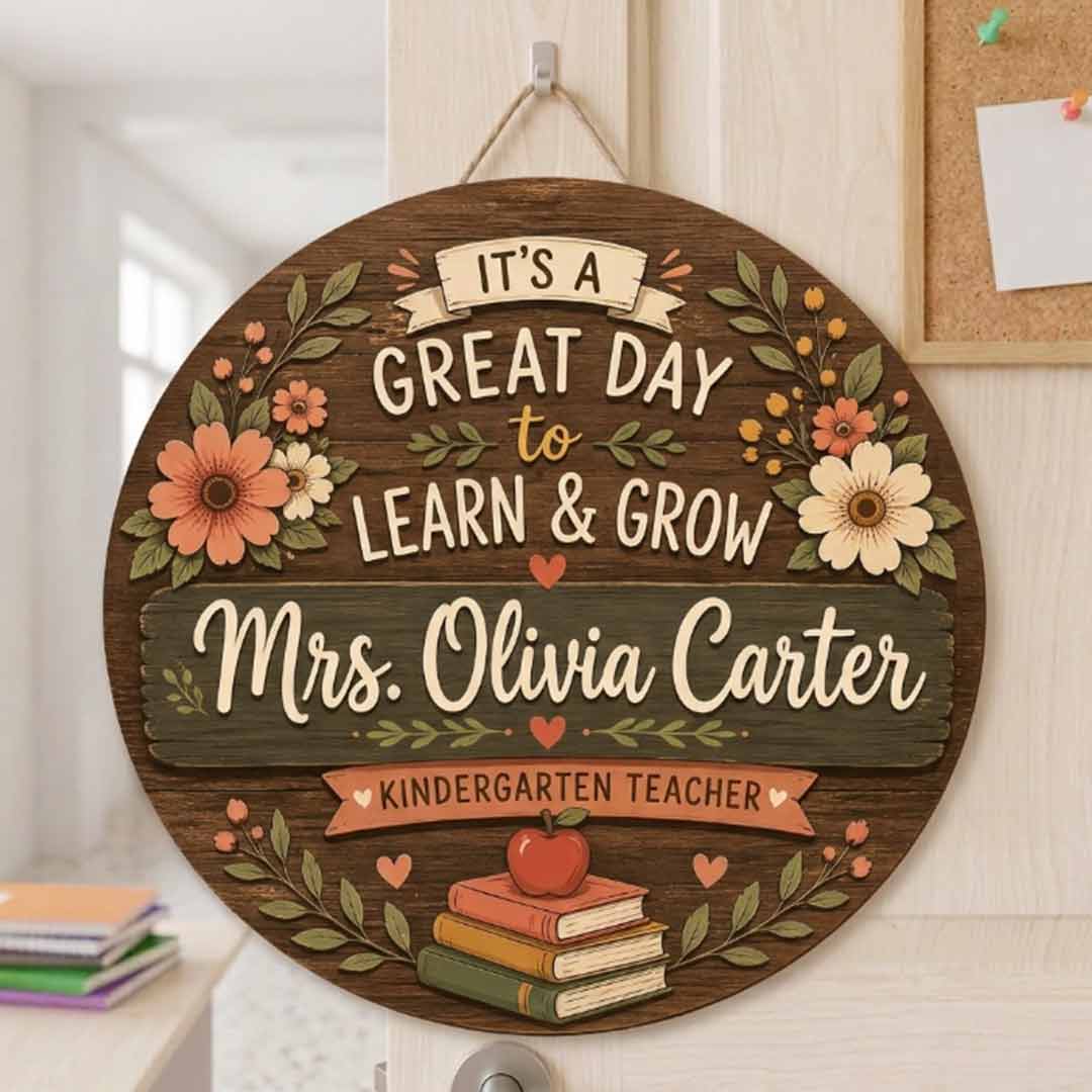 Personalized Teacher Name Wooden Sign Door Hanger Great Day To Learn & Grow Wooden Classroom Decor, Back to School Sign